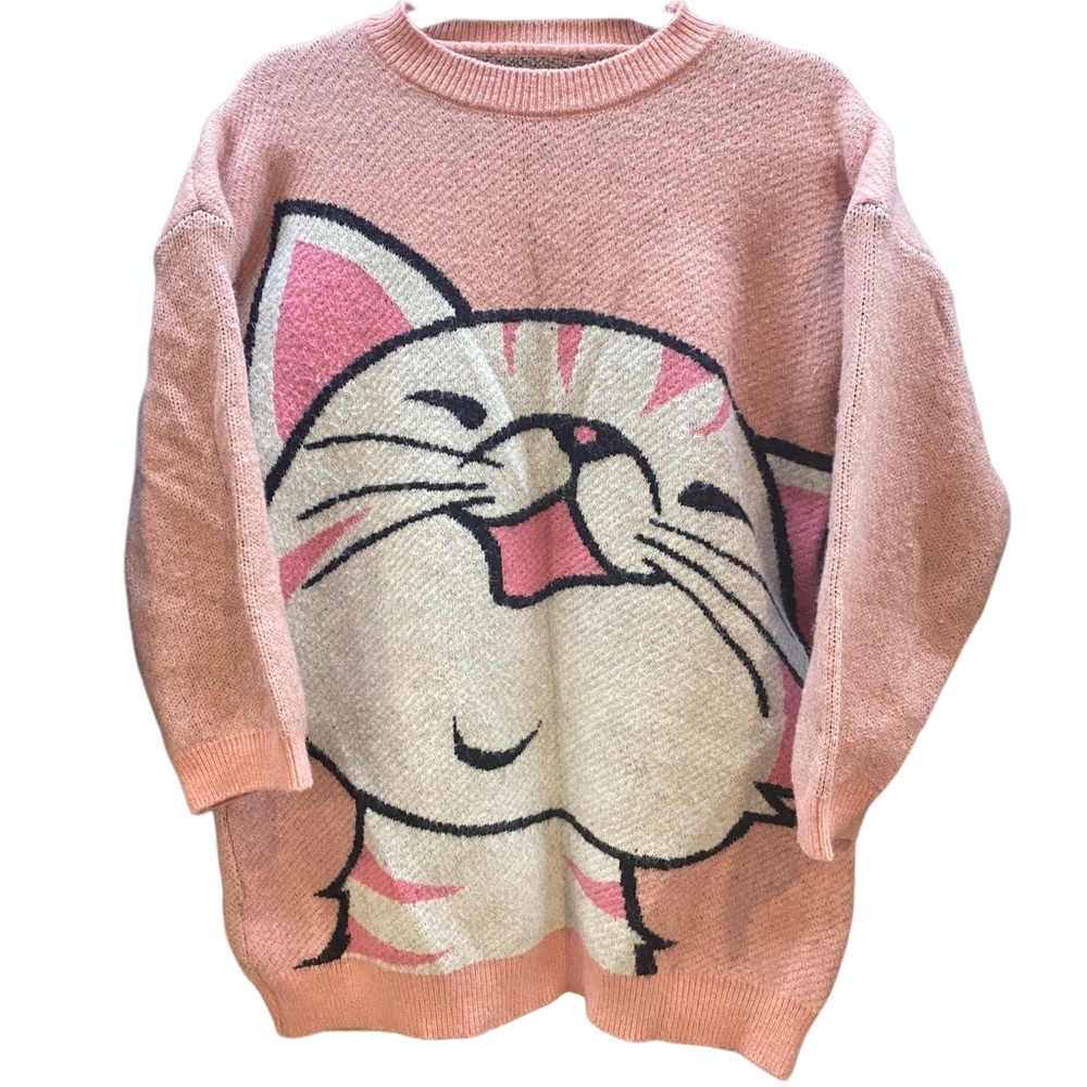 Vintage Pink & Black Happy Cat Face Butt Cozy Crewneck Knit Sweater Medium